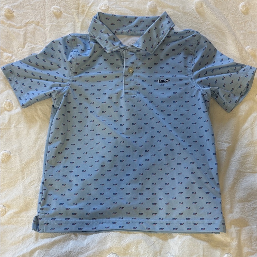 Vineyard Vines Light Blue Performance Polo with Whale Flag Print